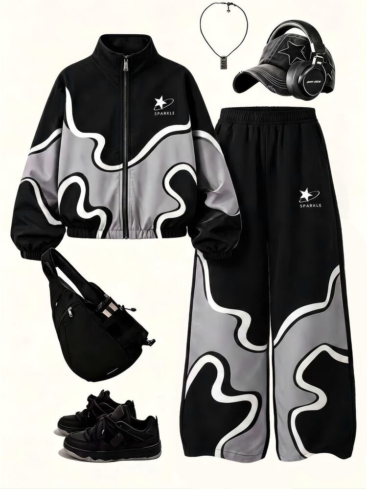 SHEIN Autumn/Winter 2pcs Set Teen Boys Black & Gray Wave Contrast Color Stand Collar Zip-Up Jacket & Wave All-Over Print Jogger Pants Streetwear Sports Outfit - Black - View 3