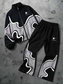 SHEIN Autumn/Winter 2pcs Set Teen Boys Black & Gray Wave Contrast Color Stand Collar Zip-Up Jacket & Wave All-Over Print Jogger Pants Streetwear Sports Outfit - Black - View 1