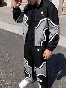 SHEIN Autumn/Winter 2pcs Set Teen Boys Black & Gray Wave Contrast Color Stand Collar Zip-Up Jacket & Wave All-Over Print Jogger Pants Streetwear Sports Outfit - Black - View 4