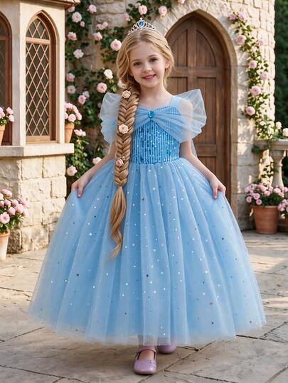 SHEIN Glamorique Kids Vestido de Princesa para Meninas, Vestido de Tule Azul, Vestido de Princesa Azul, Vestido Tutu de Tule com Estampa de Flocos de Neve, Lantejoulas Azuis, Roupa de Festa, Vestido Formal Elegante, Novo Estilo Outono/Inverno, Vestido para Todas as Estações, Capa, Natal para Meninas Jovens, Vestido de Ano Novo