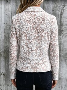 Linhara CURVE Women's Plus Size Light Pink Floral Lace Hollow-Out Water-Soluble Lace Print Pattern Lapel Diagonal Zipper Motorcycle Short Jacket Textured Lace Long Sleeve Loose Casual Jacket Versatile Gentle Sweet Daily Commute Autumn/Winter New Style - Multicolor - View 2