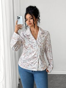 Linhara CURVE Women's Plus Size Light Pink Floral Lace Hollow-Out Water-Soluble Lace Print Pattern Lapel Diagonal Zipper Motorcycle Short Jacket Textured Lace Long Sleeve Loose Casual Jacket Versatile Gentle Sweet Daily Commute Autumn/Winter New Style - Multicolor - View 5