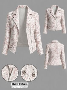Linhara CURVE Women's Plus Size Light Pink Floral Lace Hollow-Out Water-Soluble Lace Print Pattern Lapel Diagonal Zipper Motorcycle Short Jacket Textured Lace Long Sleeve Loose Casual Jacket Versatile Gentle Sweet Daily Commute Autumn/Winter New Style - Multicolor - View 6