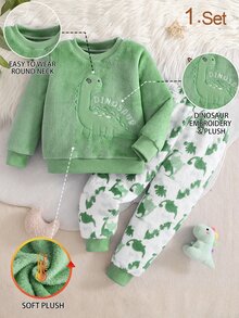 2件組男孩恐龍刺繡保暖柔軟親膚抓絨長袖褲子睡衣套裝 - 綠色 - 查看 3