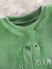 2件組男孩恐龍刺繡保暖柔軟親膚抓絨長袖褲子睡衣套裝 - 綠色 - 查看 4