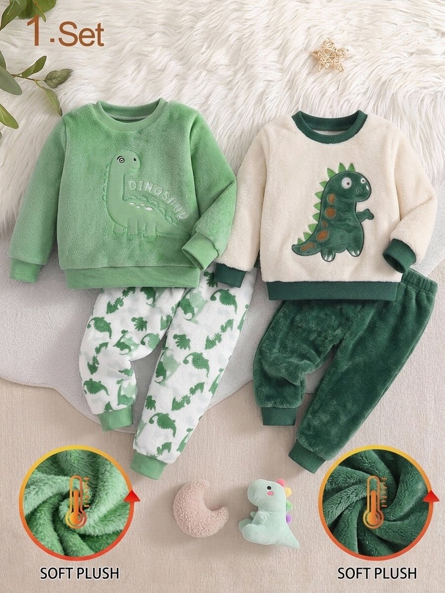 2件組男孩恐龍刺繡保暖柔軟親膚抓絨長袖褲子睡衣套裝 - 綠色 - 查看 1