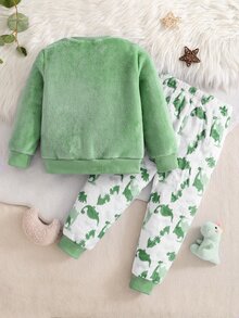 2件組男孩恐龍刺繡保暖柔軟親膚抓絨長袖褲子睡衣套裝 - 綠色 - 查看 2