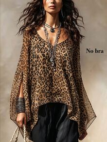 SHEIN New Women's Leopard Print Versatile Slimming Split Sleeve Fashion Shirt - Coffee Brown - View 1