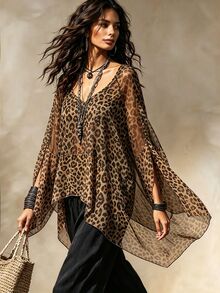 SHEIN New Women's Leopard Print Versatile Slimming Split Sleeve Fashion Shirt - Coffee Brown - View 5