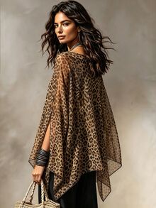 SHEIN New Women's Leopard Print Versatile Slimming Split Sleeve Fashion Shirt - Coffee Brown - View 4