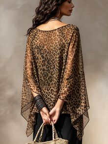 SHEIN New Women's Leopard Print Versatile Slimming Split Sleeve Fashion Shirt - Coffee Brown - View 2