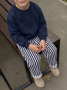 兒童小男孩針織圓領印花休閒衛衣與梭織條紋長秋褲兩件套 - 藏蓝色 - 查看 2