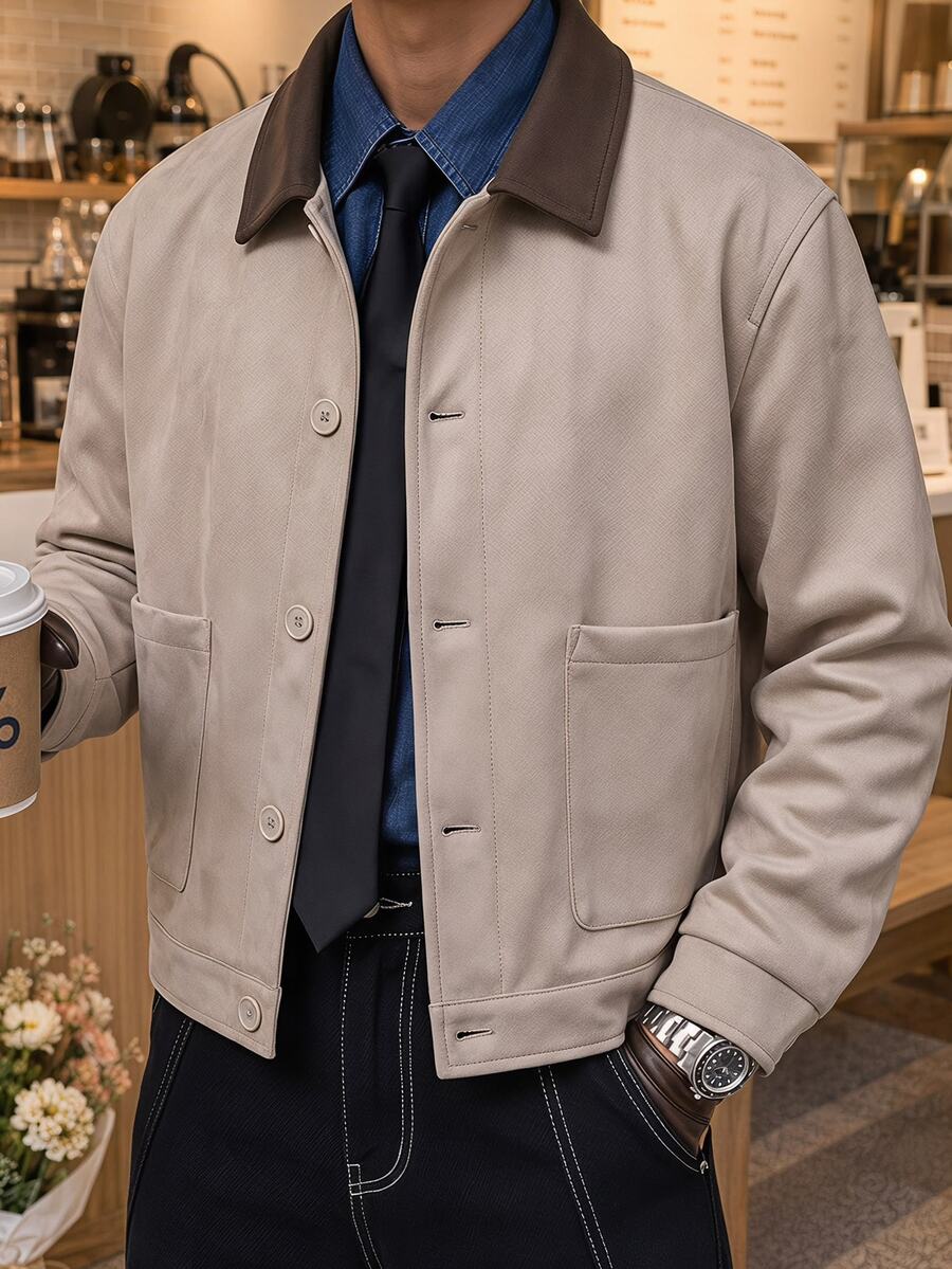 AXEPEAK Men's Minimalist Casual Turn Collar Long Button Sleeve Jacket, Autumn,Plain, Urban, Work - Khaki - View 1