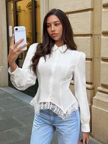 Siren Gaze Women's New Autumn/Winter Lace Patchwork Blouse - White - View 3