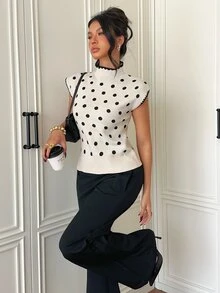 Siren Gaze Women's Stand Collar White And Black Polka Dot Knit Top, Autumn/Winter New Style Brunch French Elegant - Apricot - View 5