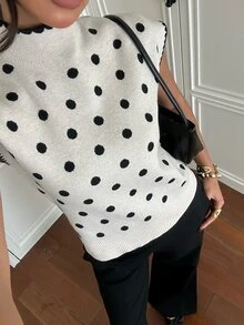 Siren Gaze Women's Stand Collar White And Black Polka Dot Knit Top, Autumn/Winter New Style Brunch French Elegant - Apricot - View 3