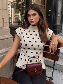 Siren Gaze Women's Stand Collar White And Black Polka Dot Knit Top, Autumn/Winter New Style Brunch French Elegant - Apricot - View 1