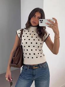 Siren Gaze Women's Stand Collar White And Black Polka Dot Knit Top, Autumn/Winter New Style Brunch French Elegant - Apricot - View 7