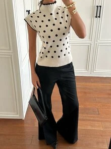 Siren Gaze Women's Stand Collar White And Black Polka Dot Knit Top, Autumn/Winter New Style Brunch French Elegant - Apricot - View 4