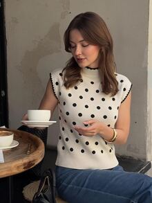 Siren Gaze Women's Stand Collar White And Black Polka Dot Knit Top, Autumn/Winter New Style Brunch French Elegant - Apricot - View 8