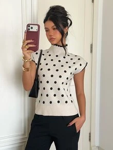 Siren Gaze Women's Stand Collar White And Black Polka Dot Knit Top, Autumn/Winter New Style Brunch French Elegant - Apricot - View 6