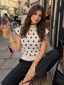 Siren Gaze Women's Stand Collar White And Black Polka Dot Knit Top, Autumn/Winter New Style Brunch French Elegant - Apricot - View 10