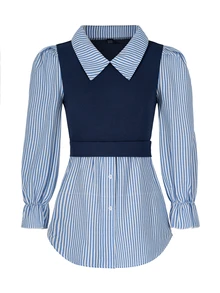 SHEIN Ladies" Fashionable Elegant Blue And White Striped Top Fall Cloth For Women - Blue - View 8