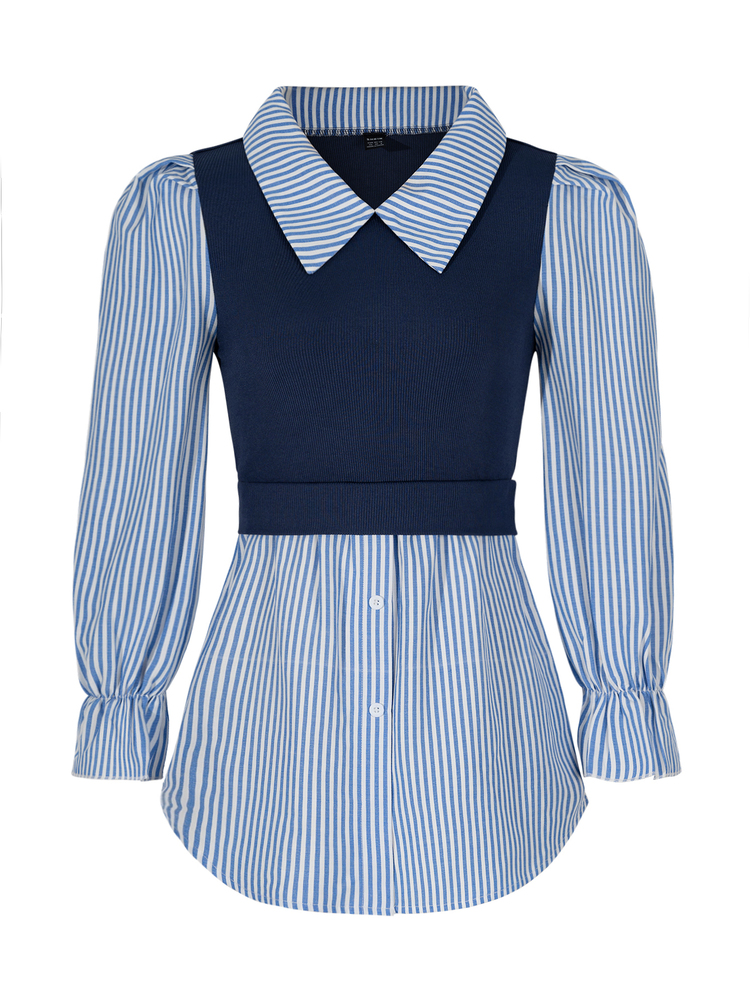 SHEIN Ladies" Fashionable Elegant Blue And White Striped Top Fall Cloth For Women - Blue - View 7