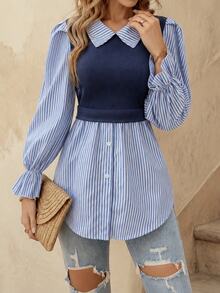SHEIN Ladies" Fashionable Elegant Blue And White Striped Top Fall Cloth For Women - Blue - View 5
