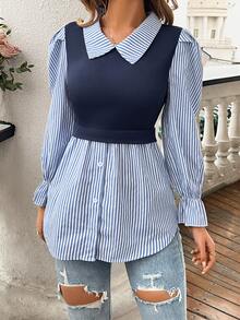 SHEIN Ladies" Fashionable Elegant Blue And White Striped Top Fall Cloth For Women - Blue - View 6