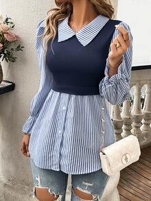 SHEIN Ladies" Fashionable Elegant Blue And White Striped Top Fall Cloth For Women - Blue - View 7