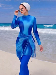 Swim Shayni 3 件装全身扎染长袖布基尼连体泳衣和沙滩裙和紧身裤，夏季海滩阿拉伯服装 - 寶藍色 - 查看 1