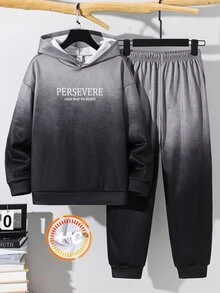 SHEIN 兒童青少年男孩休閒韓系寬鬆版型雪花布料大字母長袖連帽衛衣與鬆緊腰長褲套裝，適合通勤、上學、日常休閒外出、運動，秋冬穿著 - 灰色 - 查看 4