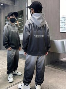 SHEIN 兒童青少年男孩休閒韓系寬鬆版型雪花布料大字母長袖連帽衛衣與鬆緊腰長褲套裝，適合通勤、上學、日常休閒外出、運動，秋冬穿著 - 灰色 - 查看 6