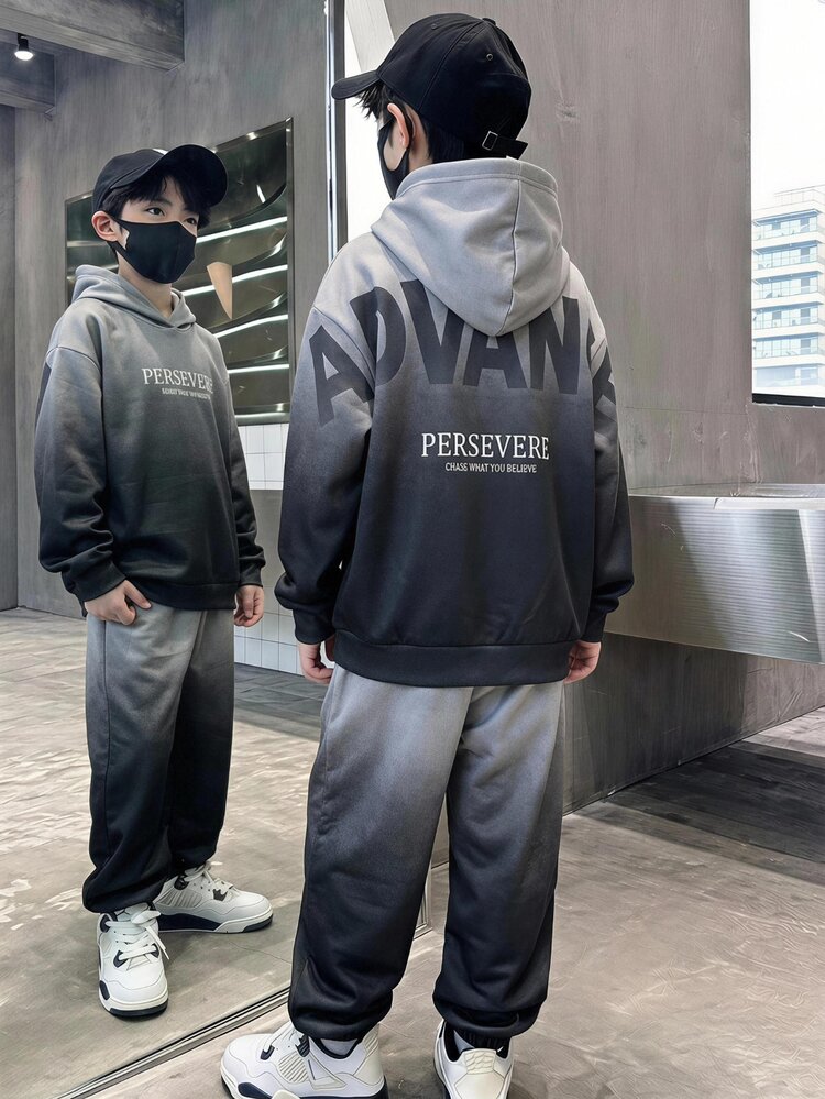 SHEIN Kids Tween Boy Casual Korean Style Loose Fit Snowflake Fabric Large Letter Long Sleeve Hoodie And Elastic Waist Long Pants Set, Suitable For Commuting, School, Daily Casual Outings, Sports, Autumn/Winter - Grey - View 5