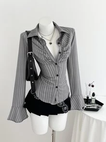 Elamini Spring To Summer Women's Fashion Casual Striped Print Long Sleeve Shirt Blouses For Women Business - Grey - View 3