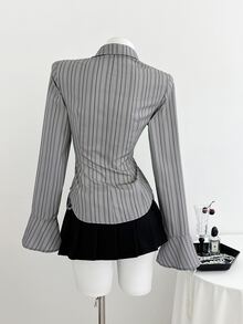 Elamini Spring To Summer Women's Fashion Casual Striped Print Long Sleeve Shirt Blouses For Women Business - Grey - View 2
