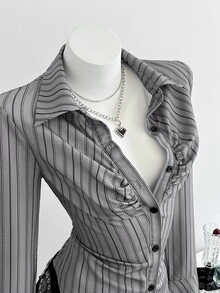 Elamini Spring To Summer Women's Fashion Casual Striped Print Long Sleeve Shirt Blouses For Women Business - Grey - View 5