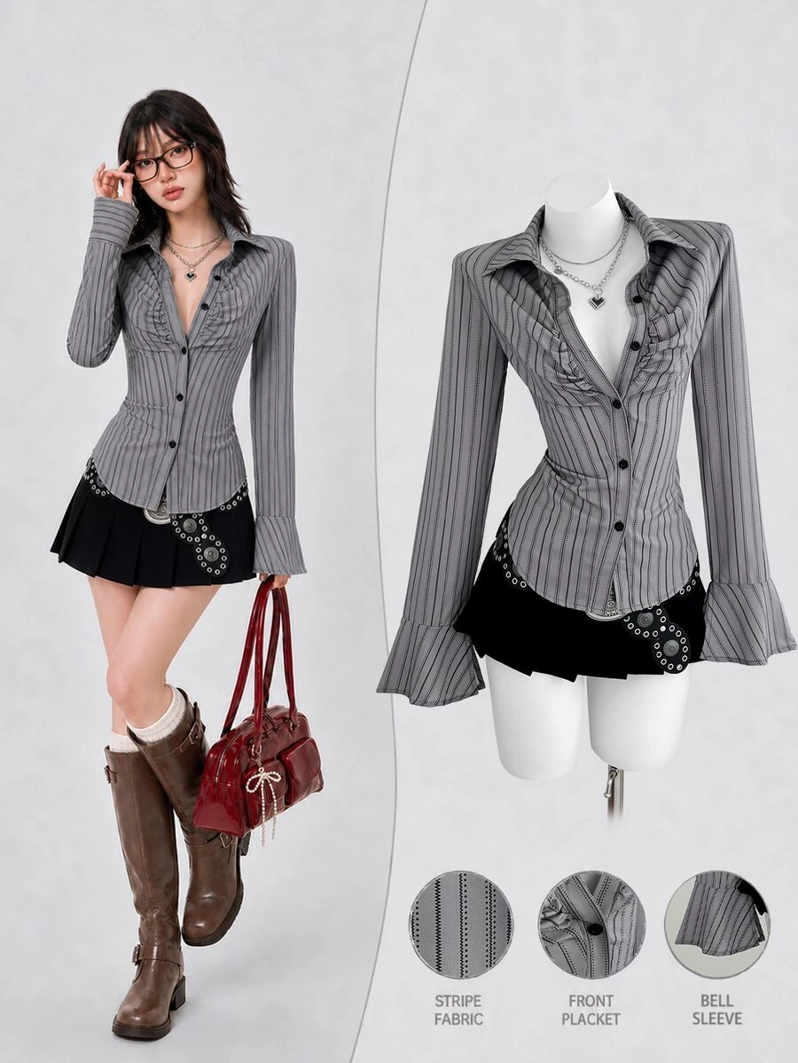 Elamini Spring To Summer Women's Fashion Casual Striped Print Long Sleeve Shirt Blouses For Women Business - Grey - View 1