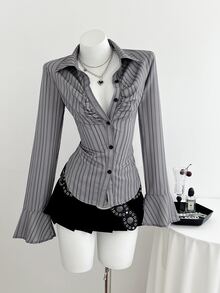 Elamini Spring To Summer Women's Fashion Casual Striped Print Long Sleeve Shirt Blouses For Women Business - Grey - View 7