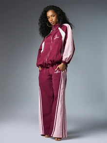 BABYPHAT Cat Logo Embroidered Wide Leg Track Pants With Color Block Pink Side Panels And Elastic Waistband - Burgundy - View 2
