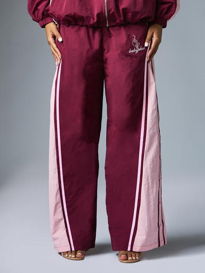 BABYPHAT Cat Logo Embroidered Wide Leg Track Pants With Color Block Pink Side Panels And Elastic Waistband