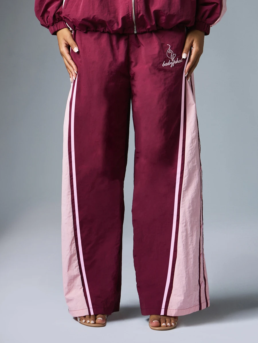BABYPHAT Cat Logo Embroidered Wide Leg Track Pants With Color Block Pink Side Panels And Elastic Waistband - Burgundy - View 1