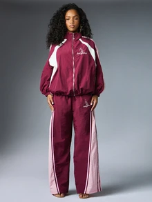 BABYPHAT Cat Logo Embroidered Wide Leg Track Pants With Color Block Pink Side Panels And Elastic Waistband - Burgundy - View 5