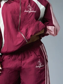 BABYPHAT Cat Logo Embroidered Wide Leg Track Pants With Color Block Pink Side Panels And Elastic Waistband - Burgundy - View 3