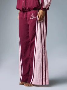 BABYPHAT Cat Logo Embroidered Wide Leg Track Pants With Color Block Pink Side Panels And Elastic Waistband - Burgundy - View 4