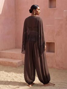 Zivah Women's Tassel Design Shawl Top And Lantern Pants Casual Vacation Cover-Up Set - Brown - View 2