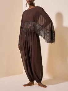 Zivah Women's Tassel Design Shawl Top And Lantern Pants Casual Vacation Cover-Up Set - Brown - View 11