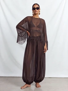 Zivah Women's Tassel Design Shawl Top And Lantern Pants Casual Vacation Cover-Up Set - Brown - View 6