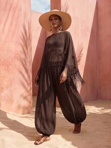 Zivah Women's Tassel Design Shawl Top And Lantern Pants Casual Vacation Cover-Up Set - Brown - View 1